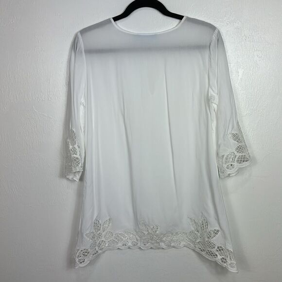 Solitaire Swim White 3/4 Sleeve Lace Trim Cover Up Top Size M - Picture 3 of 7